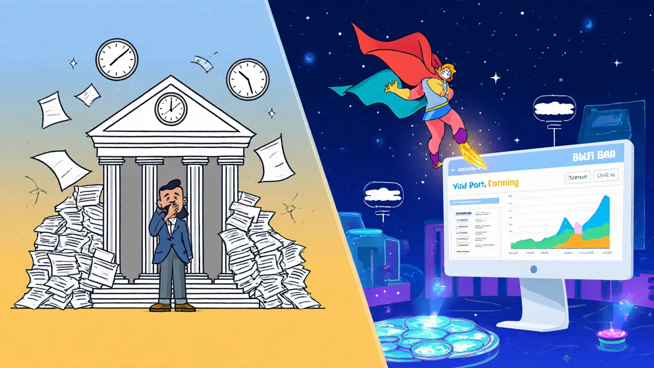 Contraste entre la lenteur bancaire et la rapidité du DeFi, avec un prêt flash en mouvement.