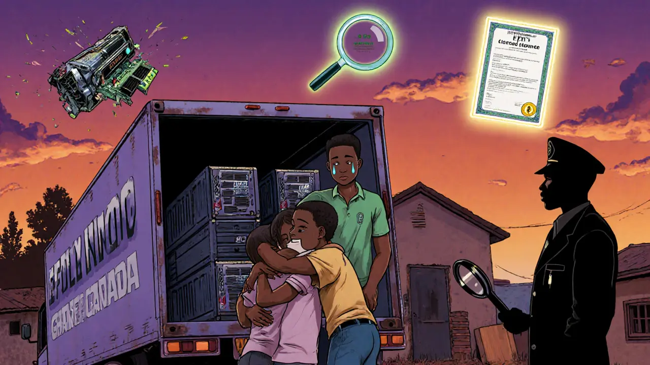 Des mineurs partant du Nigeria avec leurs machines, tandis qu&#039;un agent les observe depuis l&#039;ombre.