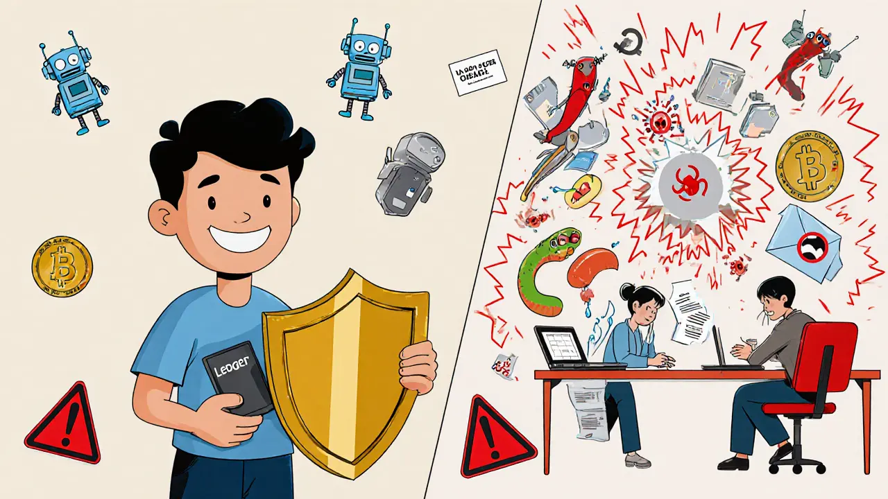 Scène divisée : à gauche, un portefeuille matériel protégé ; à droite, un désastre numérique causé par une mauvaise sauvegarde.