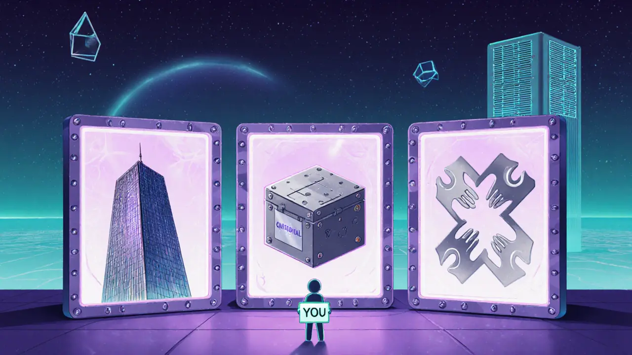 Trois systèmes de gestion de clés représentés comme des panneaux lumineux, avec une personne tenant une plaque métallique face à eux.