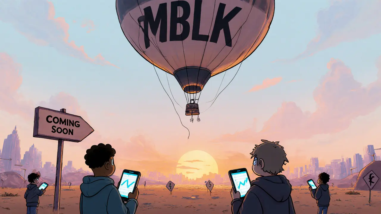 Un ballon MBLK dégonflé flottant au-dessus d&#039;un monde de jeu vide, avec des joueurs confus regardant leurs téléphones.