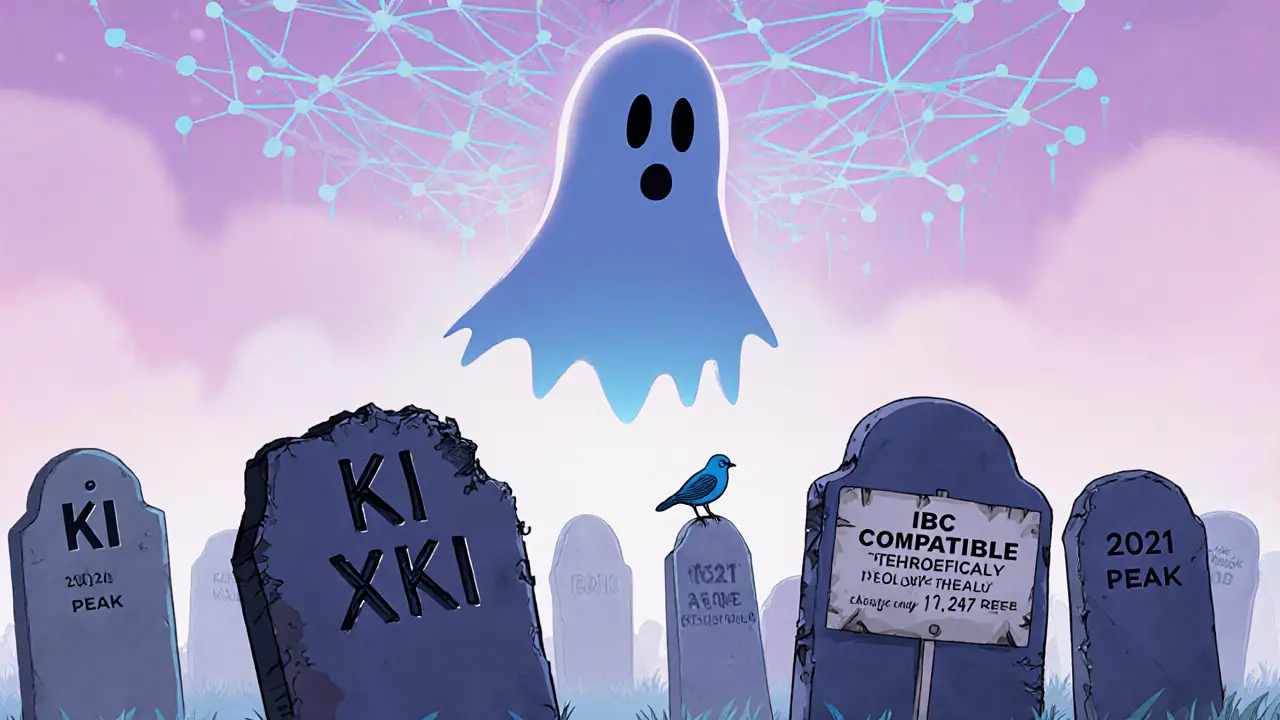 Un cimetière de projets crypto avec une tombe pour Ki (XKI) et un oiseau Twitter vide.