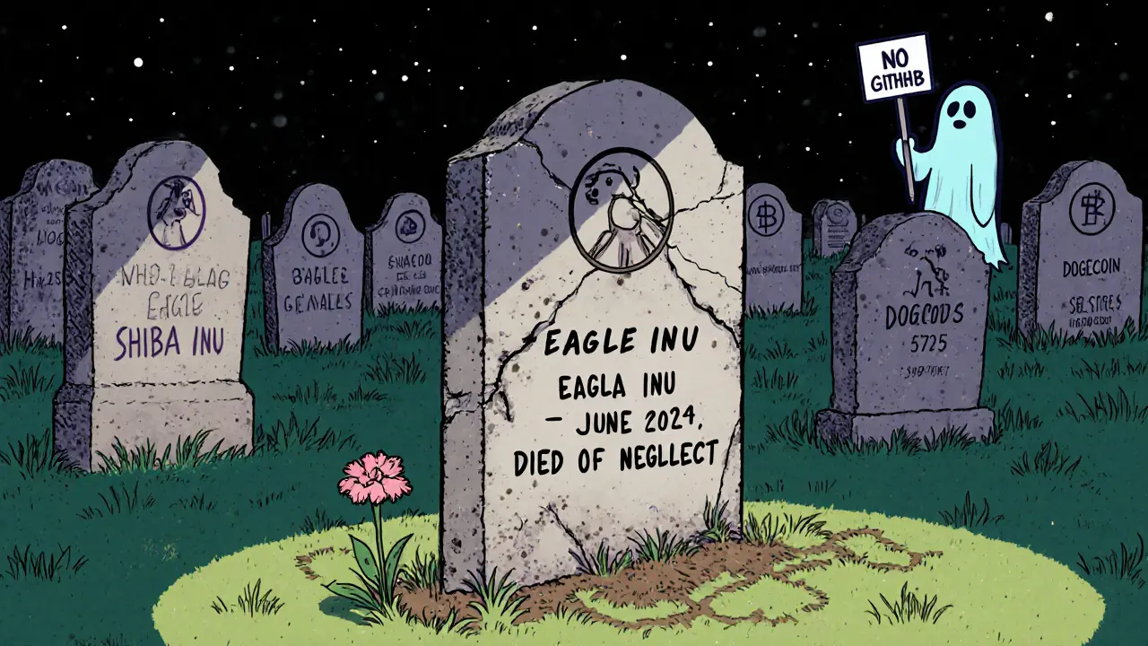 Un cimetière de tokens crypto où EAGLE INU est la seule tombe abandonnée, avec un développeur fantôme qui s&#039;éloigne.