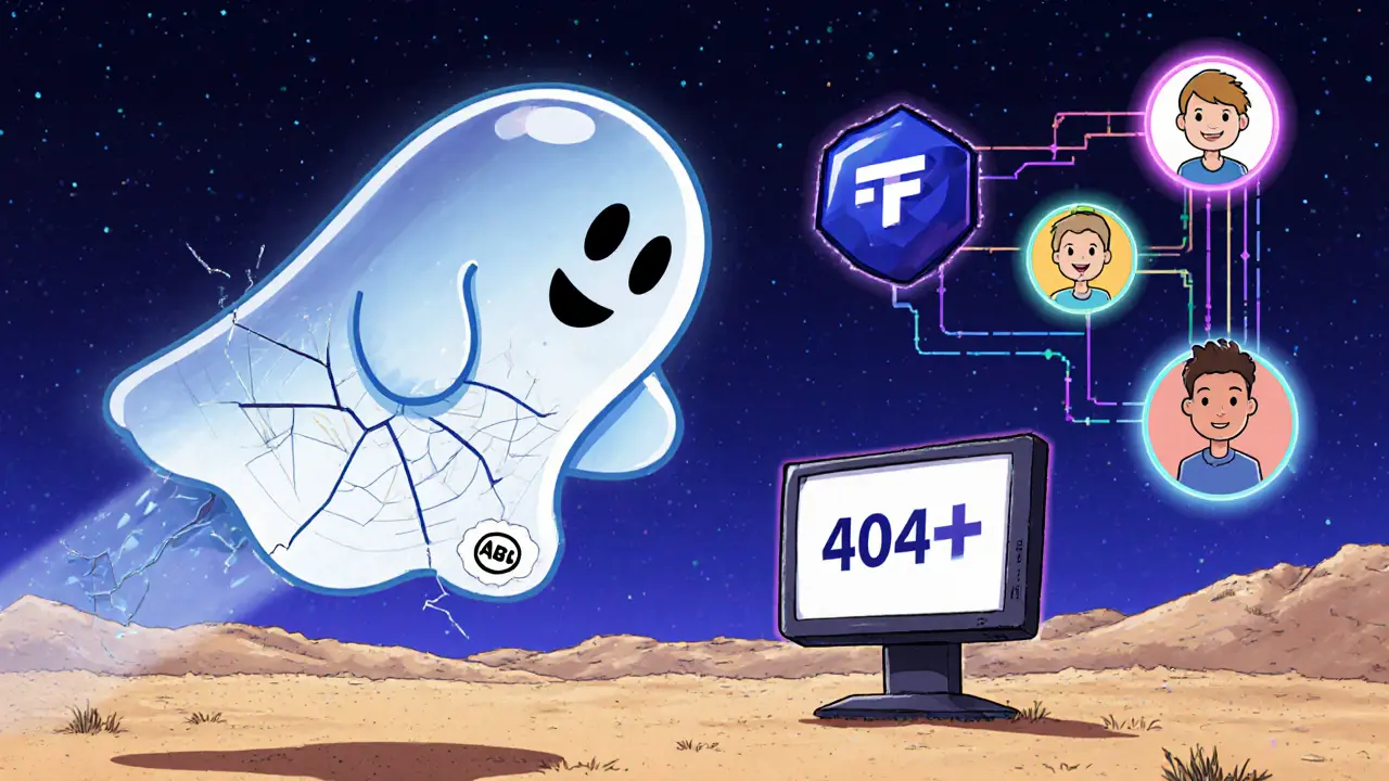 Un fantôme en forme de jeton ABL flotte au-dessus d&#039;un paysage blockchain mort, tandis que d&#039;autres projets brillent au loin.