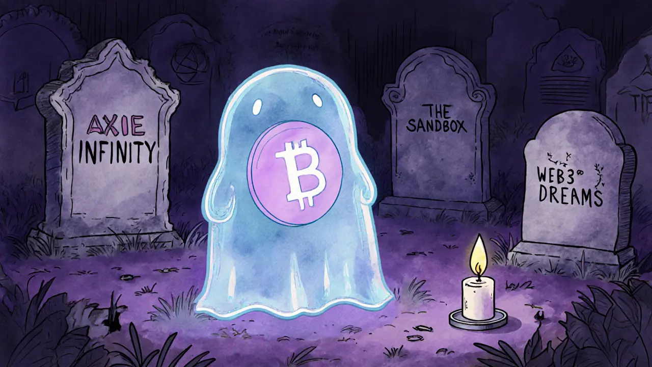 Un fantôme MBLK flottant dans un cimetière numérique de projets crypto oubliés, avec une bougie qui clignote.