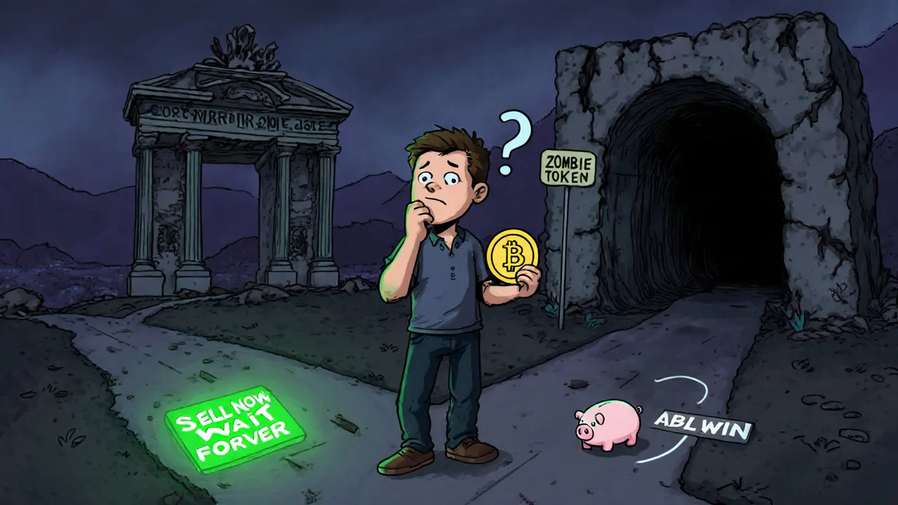 Un investisseur hésite entre vendre ou attendre, face à un monument marquant l&#039;ère des ICO de 2018.