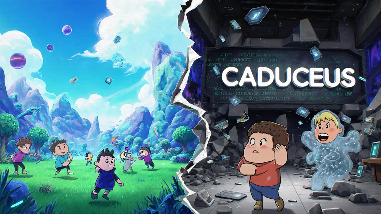 Un métavers fluide à gauche, cassé à droite, avec un signe Caduceus qui s&#039;effondre, illustrant l&#039;échec technologique.