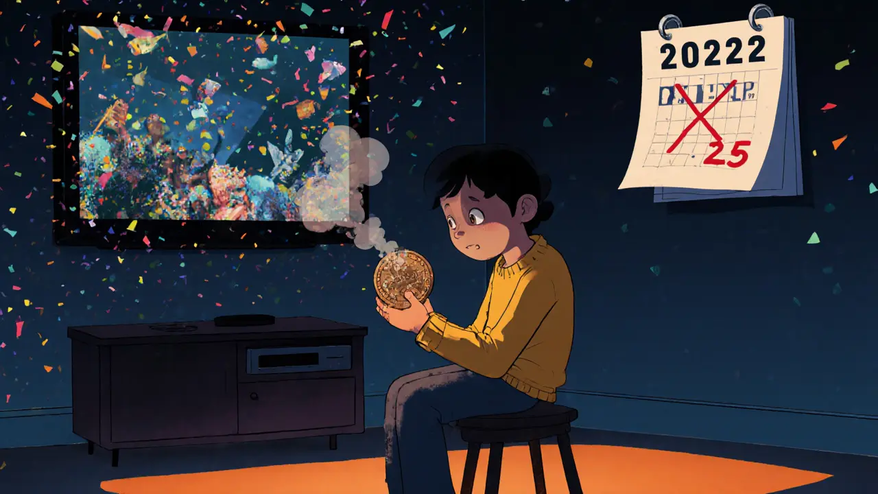 Un personnage triste tient un jeton CMP obsolète, un écran affiche des célébrations passées, l&#039;année 2025 est barrée.