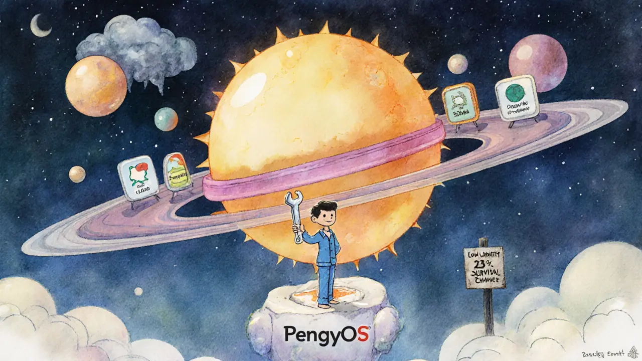 Un pingouin-planète orbite autour du soleil Solana, entouré d&#039;applications décentralisées dans un univers satirique.