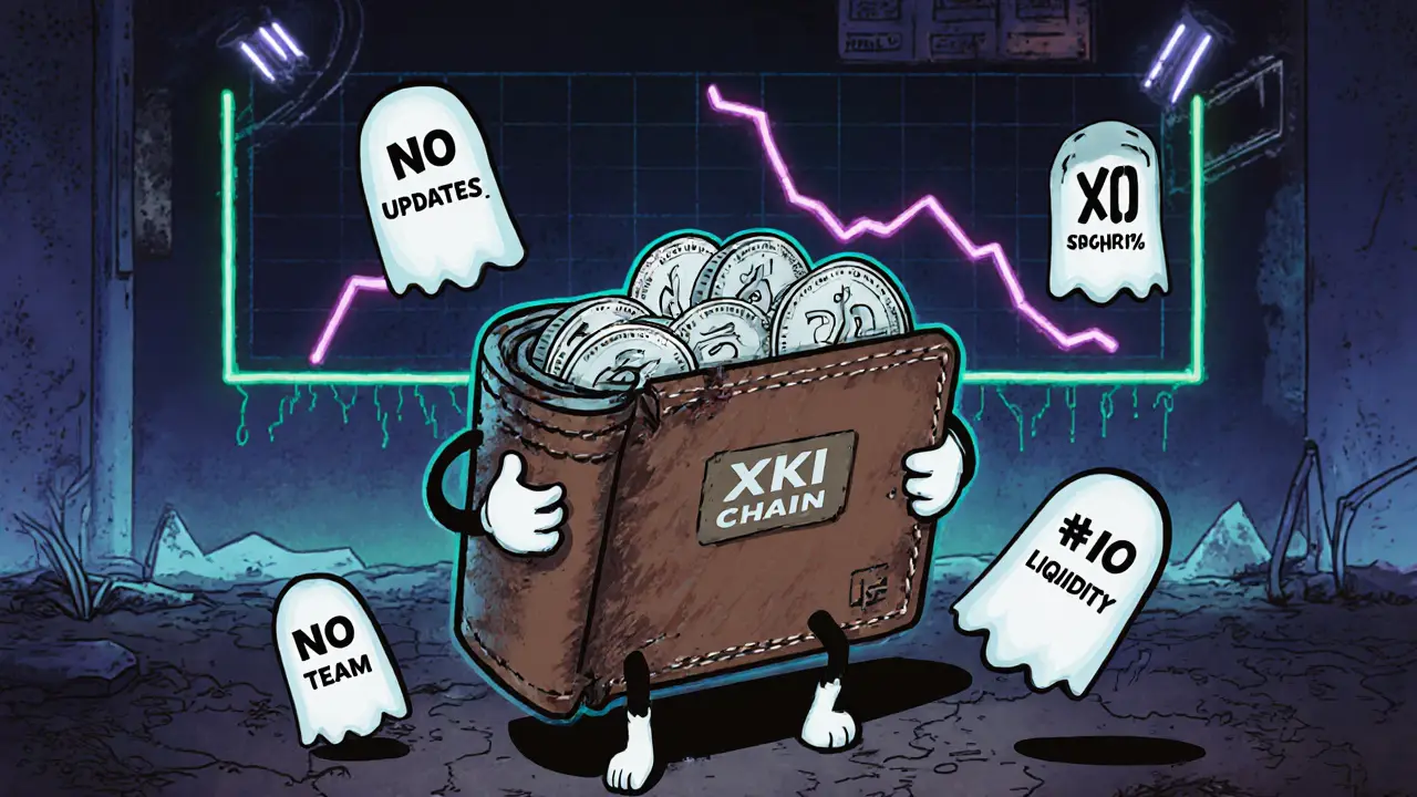 Un portefeuille tente de staker des XKI dans une machine cassée, entouré de fantômes de négligence.