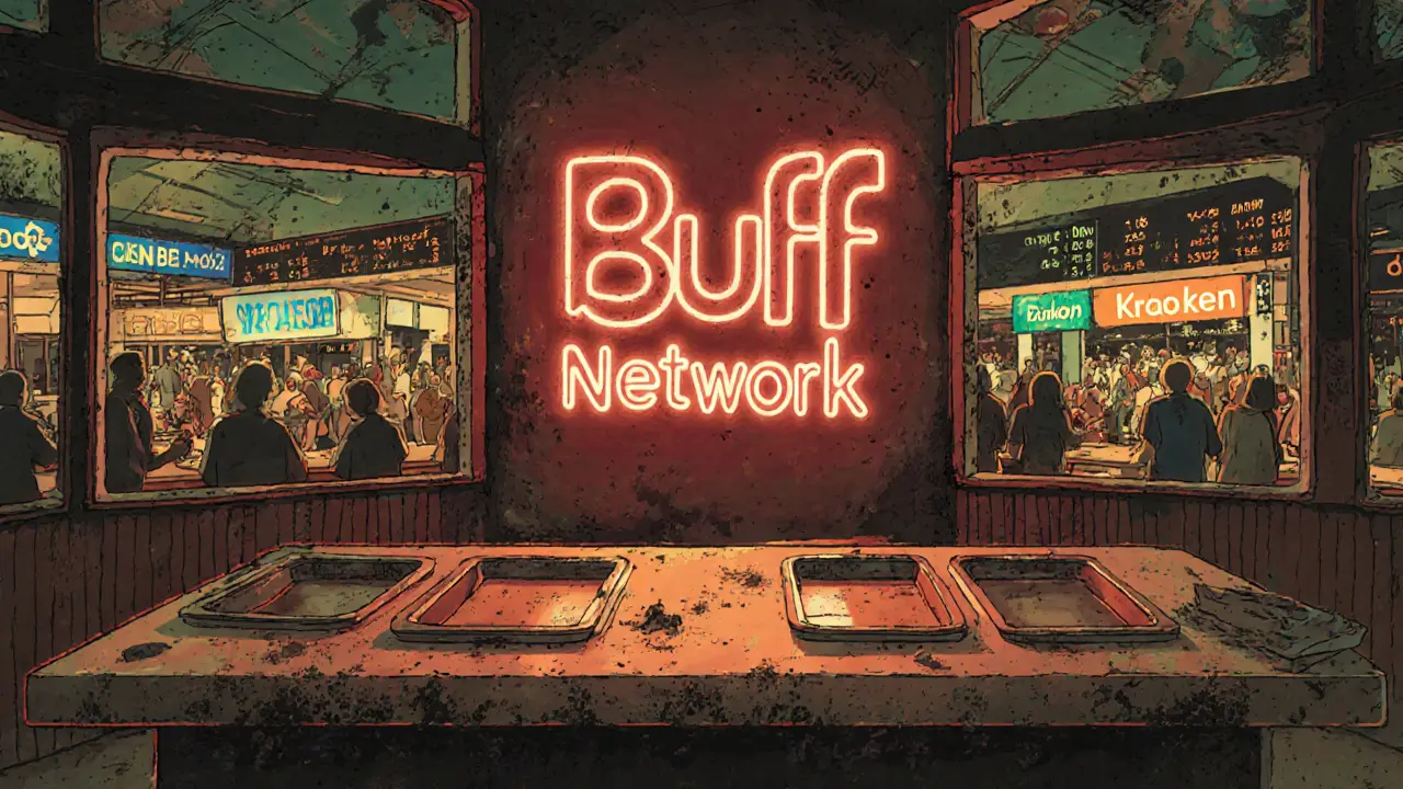 Un restaurant sans menu ni clients, avec un néon &#039;Buff Network&#039; qui clignote, entouré d&#039;échanges réels animés.