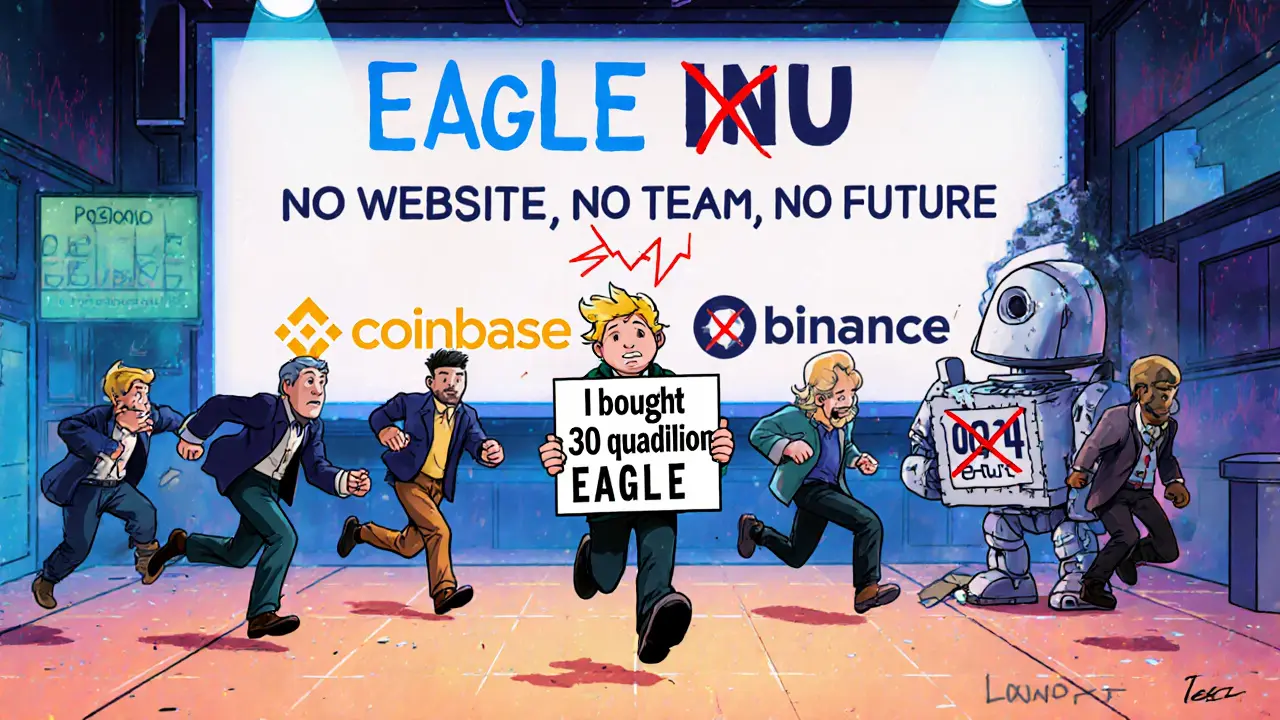 Un trader confus entouré de symboles de crypto morte, avec des bourses refusant le jeton et un écran d&#039;erreur 404.