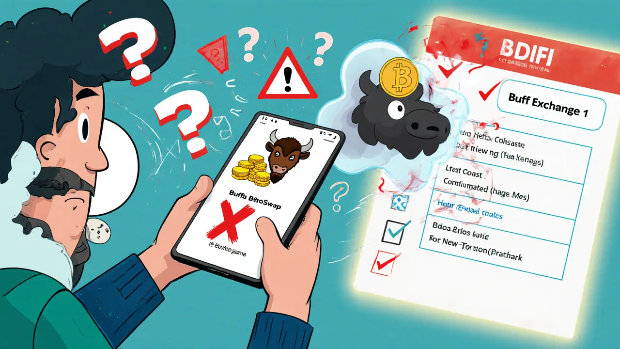 Une personne confondant Buff Network avec BUFF Game et BuffaloSwap, un X rouge recouvre le fantôme.