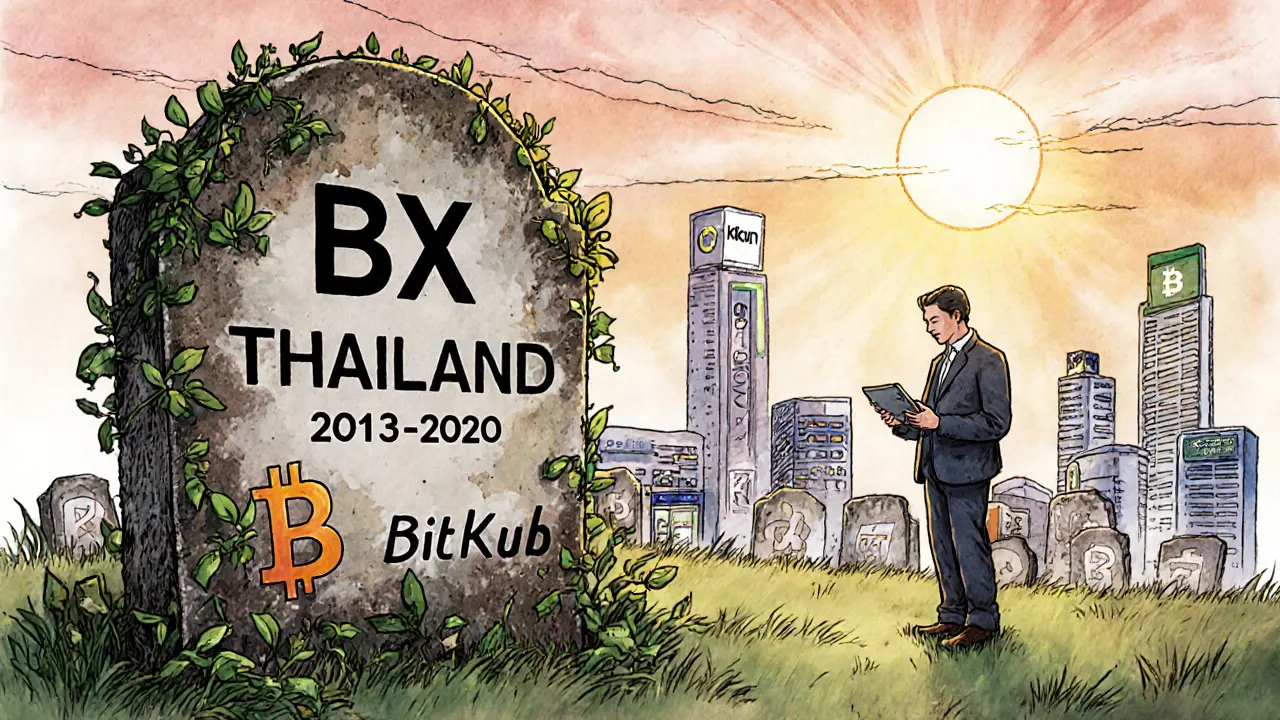 Cimetière symbolique avec une pierre tombale pour BX Thailand, entourée d&#039;échanges crypto modernes.