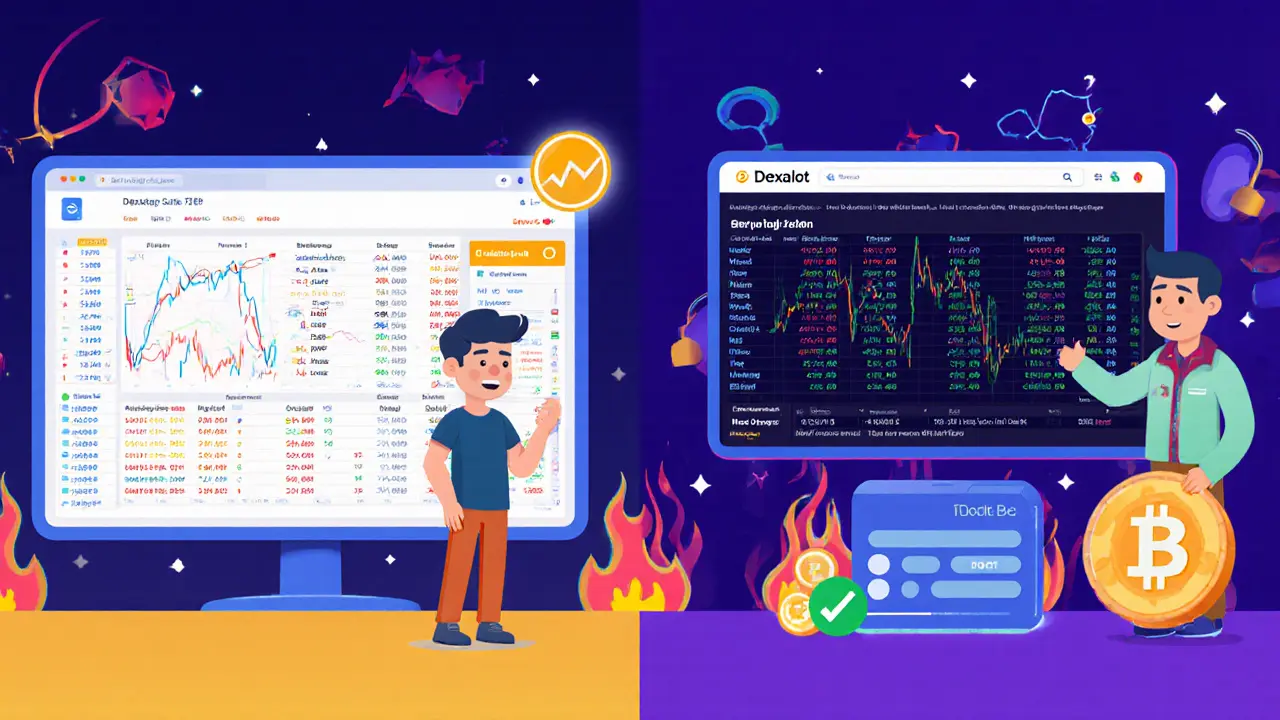 Comparaison cartoon entre Uniswap (prix instables) et Dexalot (ordres précis et frais zéro).