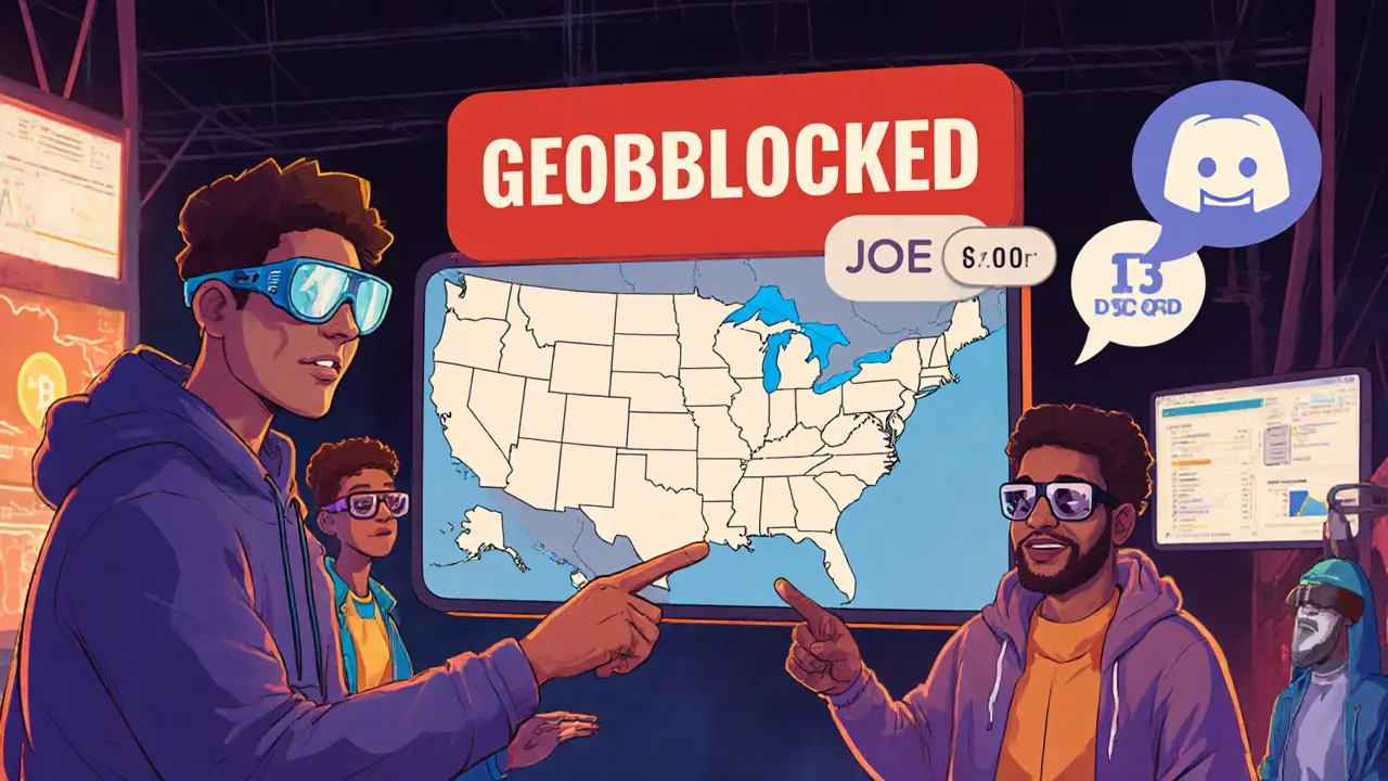 Des traders célèbrent un échange sécurisé tandis qu&#039;un signe &#039;GEOBLOCKED&#039; bloque l&#039;accès aux États-Unis et d&#039;autres pays.