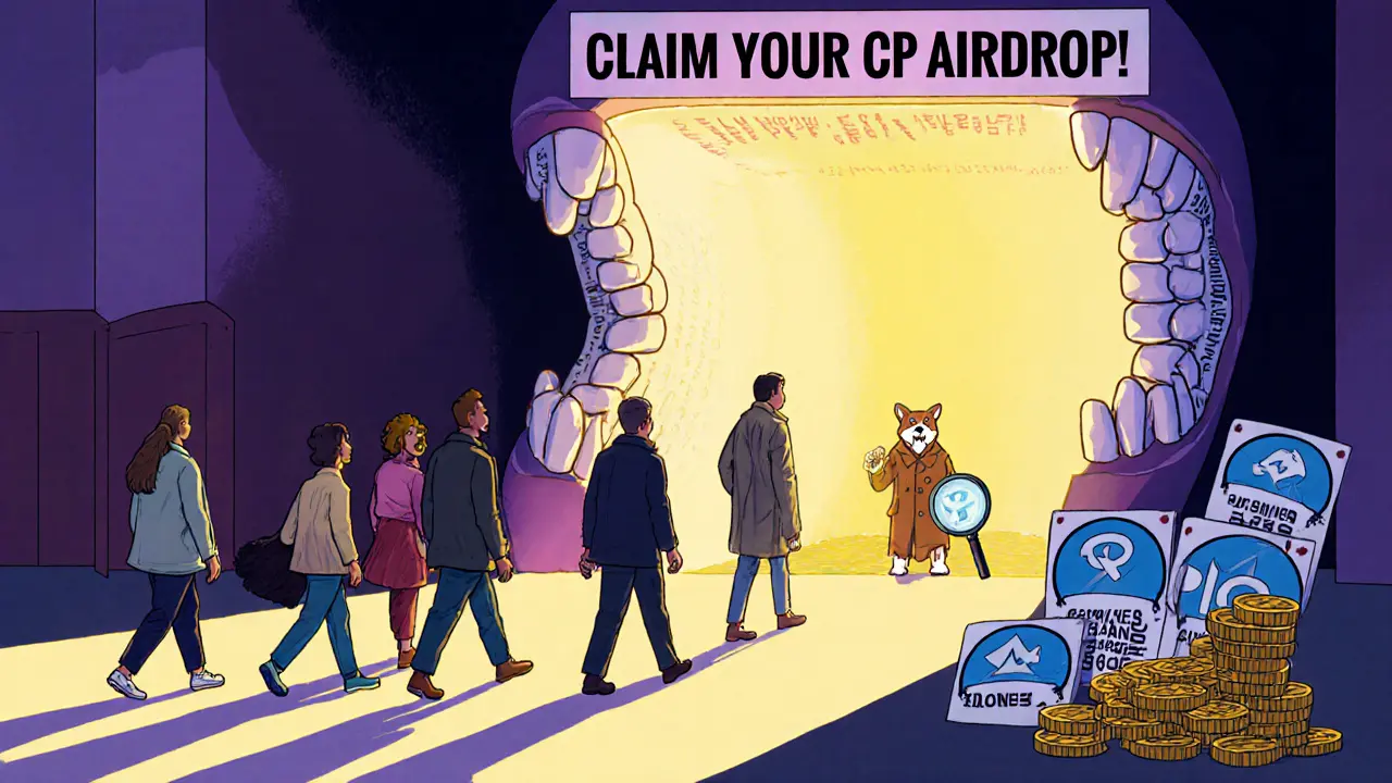 Des utilisateurs marchent vers une portal-bouche qui avale leurs signatures de transaction, tandis qu&#039;un détective chien démasque les fausses chaînes Telegram.