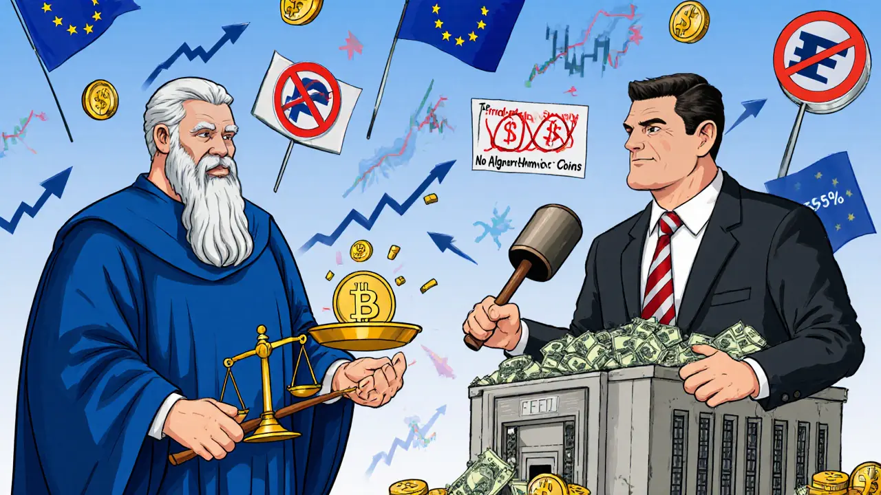 Deux géants réglementaires s&#039;affrontent : un juge européen et un patron américain, entourés de stablecoins et de symboles financiers.