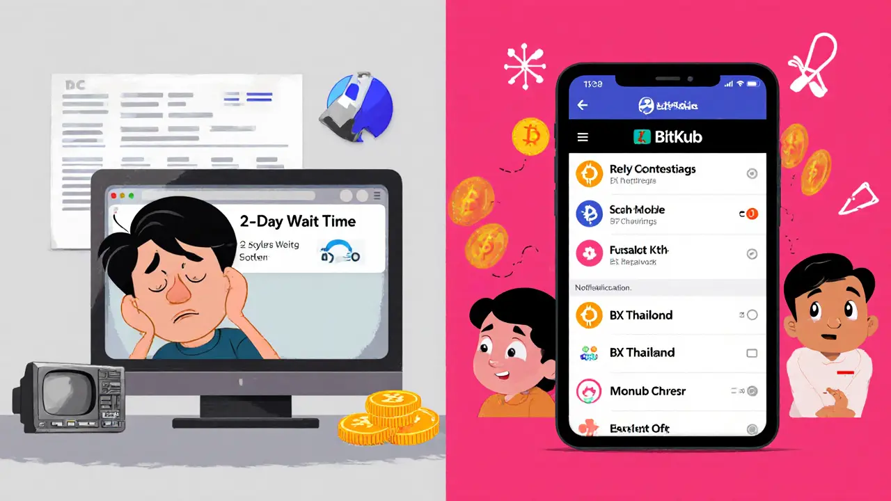 Scène comparant l&#039;interface obsolète de BX Thailand à une application moderne de BitKub.