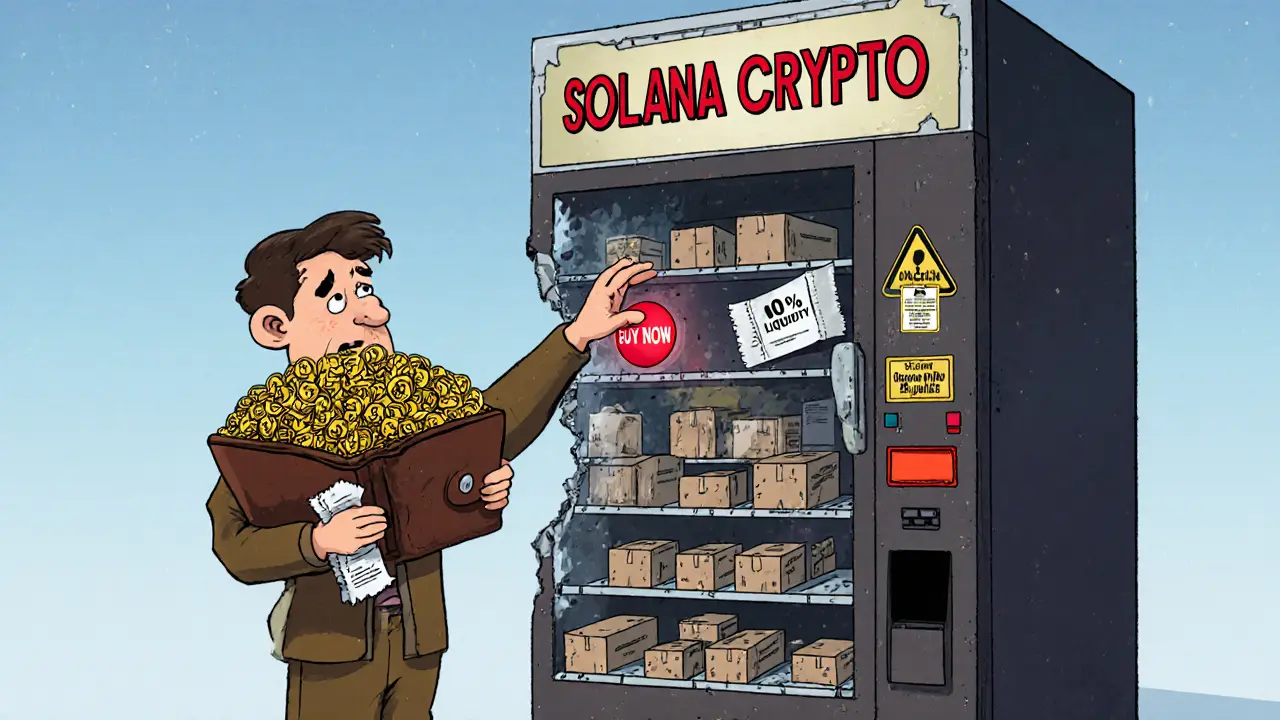 Un investisseur tient des millions de jetons D.O.G.E presque sans valeur, face à une machine à sous cassée qui ne donne que des boîtes vides.