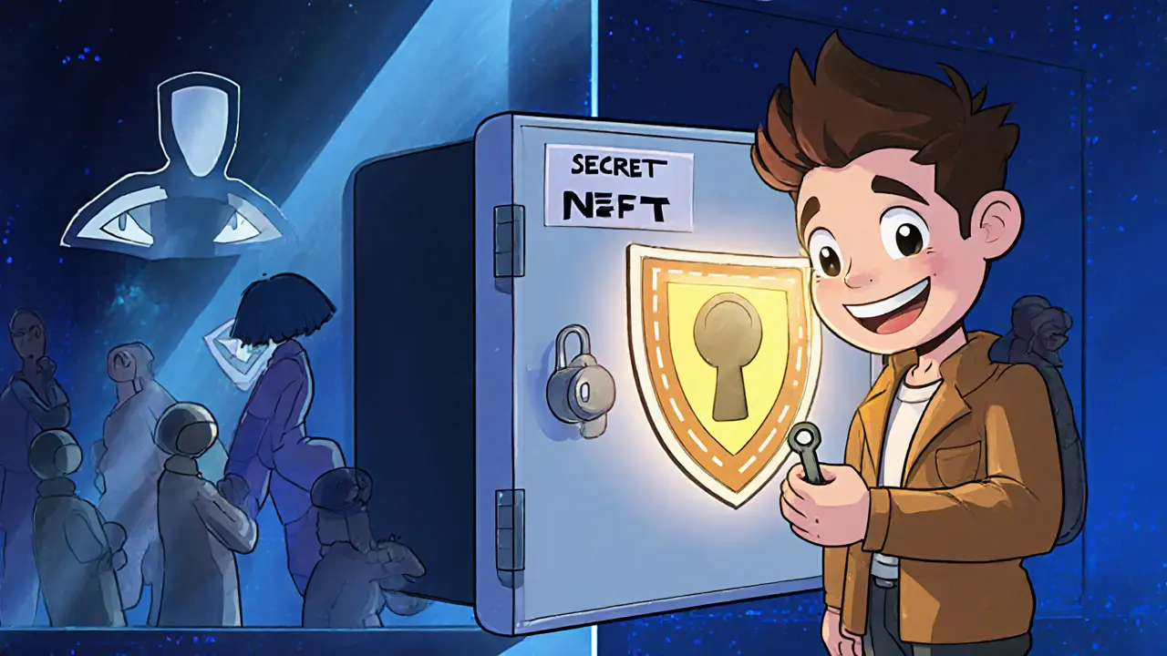 Un personnage ouvre un coffre-fort numérique Secret NFT qui bloque toutes les tentatives d&#039;espionnage.