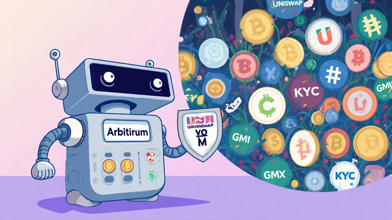 Un petit robot DEX LFJ v2 comparé à une jungle de bourses décentralisées, soulignant son approche ciblée et légère.