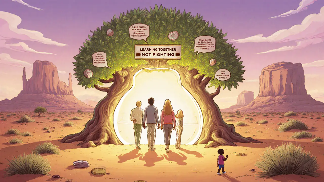 Un portail de sandbox adaptatif en forme d&#039;arbre accueille des startups selon leur niveau de risque dans un désert futuriste.