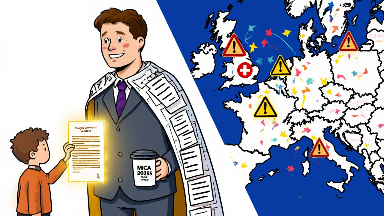 Un régulateur de l&#039;UE discute avec une startup sur un contrat intelligent, tandis que des cartes européennes s&#039;affichent autour.