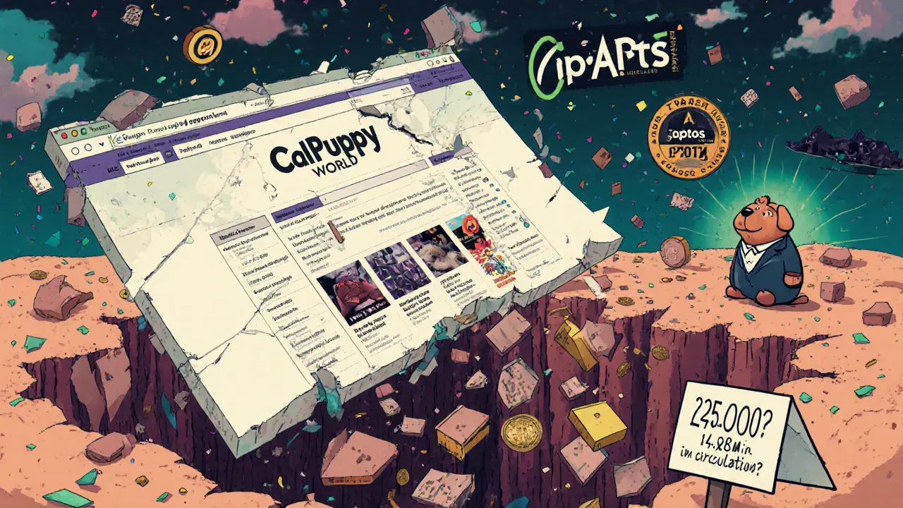 Un site web en ruine &#039;CoPuppy World&#039; laisse tomber des cartes NFT dans un gouffre, tandis que des projets légitimes brillent au loin.