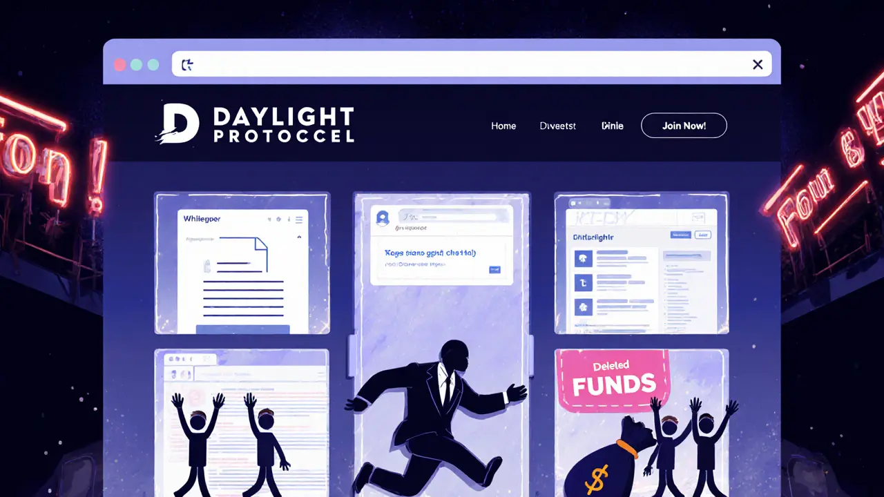 Une page web vide avec des pièces vides et un escroc qui s&#039;enfuit avec l&#039;argent, symbole d&#039;une arnaque crypto.