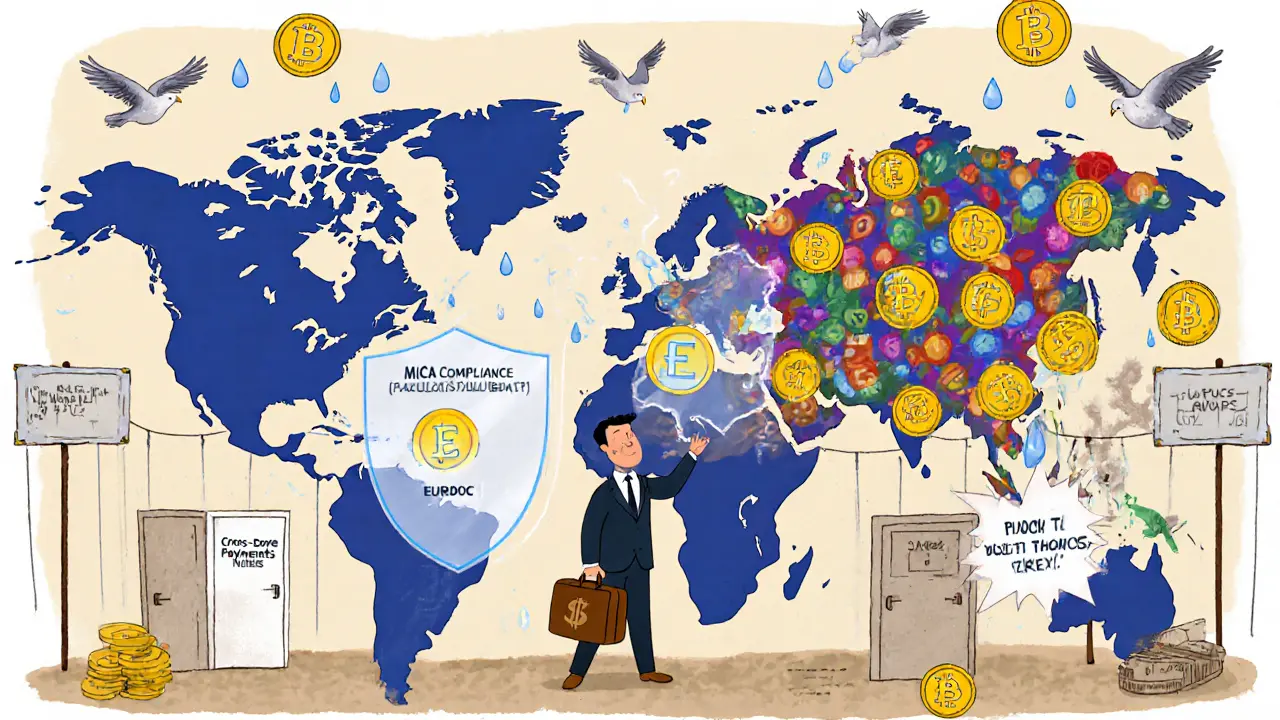 Une personne face à un choix entre l&#039;Europe et les États-Unis pour les paiements transfrontaliers, entourée de stablecoins et de symboles de risque.