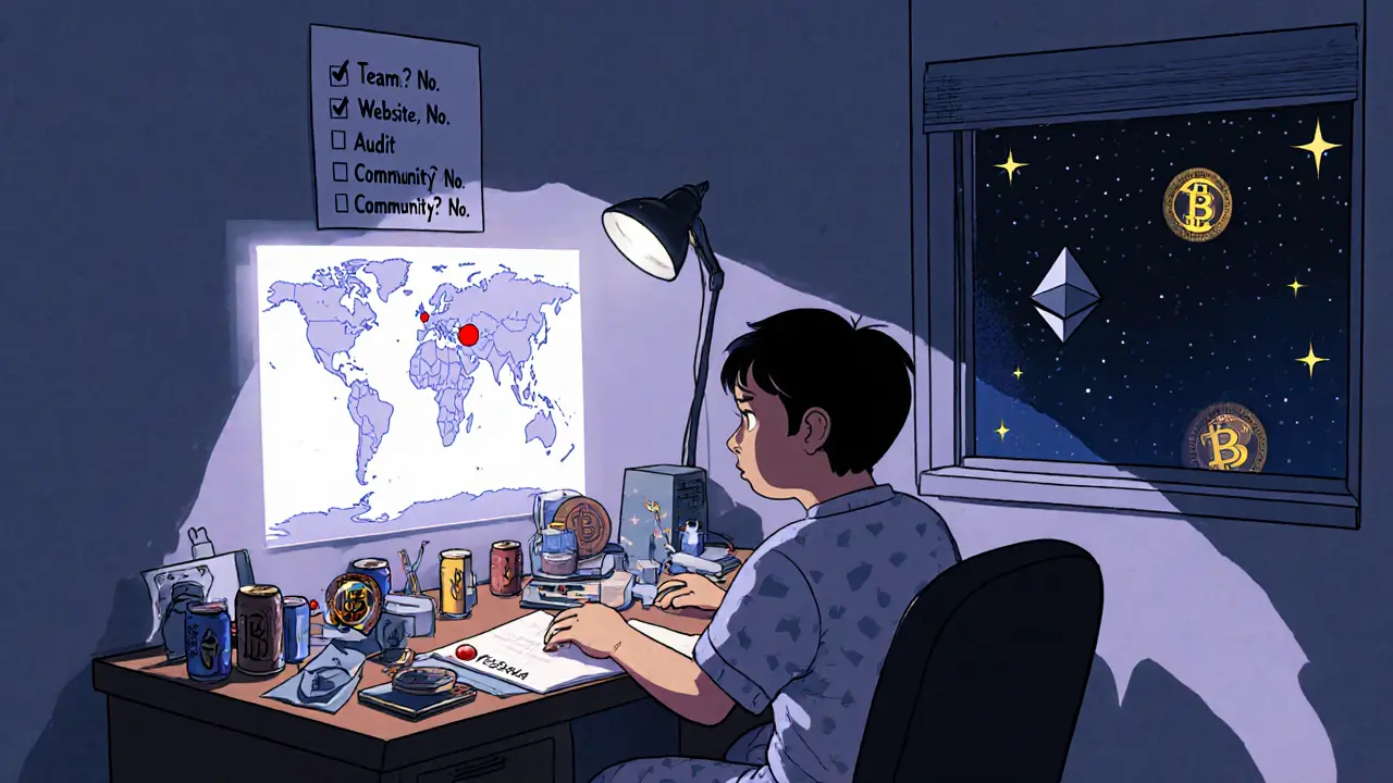 Une personne seule regarde une carte blockchain avec un seul point rouge pour FUSAKA, tandis que Bitcoin et Ethereum brillent au loin.