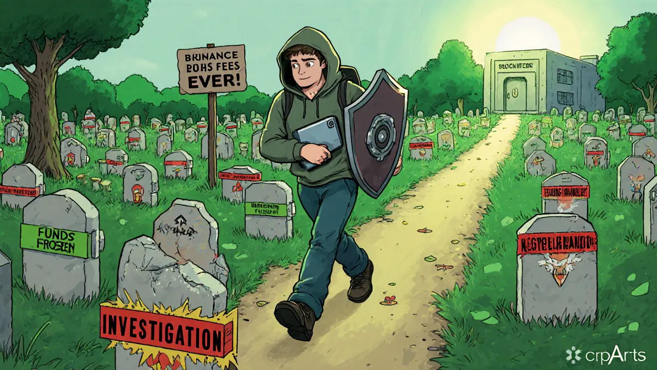 Chemin miné marqué &#039;Cryptomus 2025&#039; avec des dangers juridiques, tandis qu&#039;un voyageur se dirige vers une alternative sécurisée.