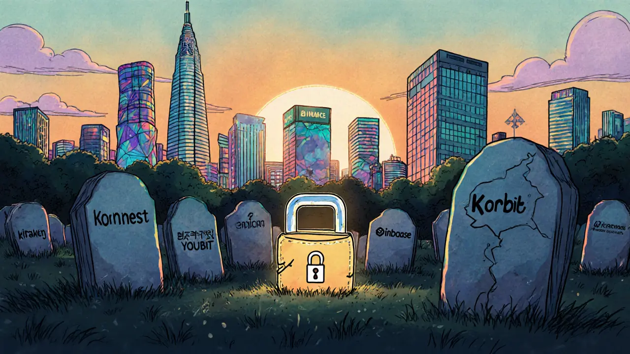 Cimetière des échanges crypto morts avec un portefeuille verrouillé au centre, Kraken et Coinbase en haut.
