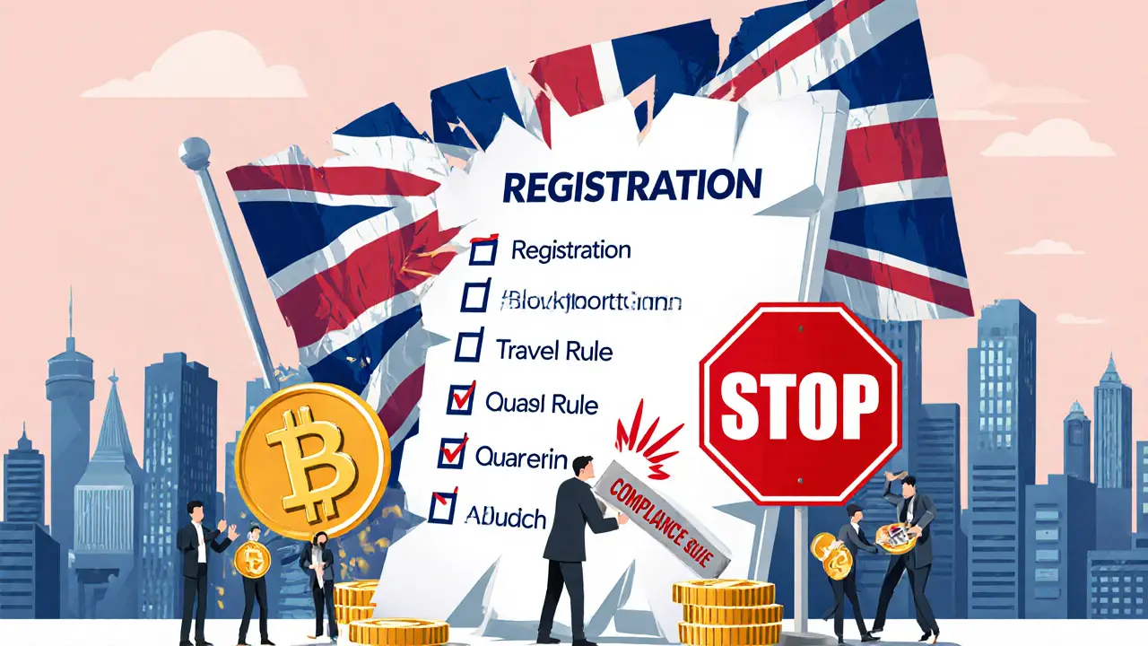 Des entreprises crypto écrasées par une checklist de conformité sous un drapeau britannique fait de blocs blockchain.