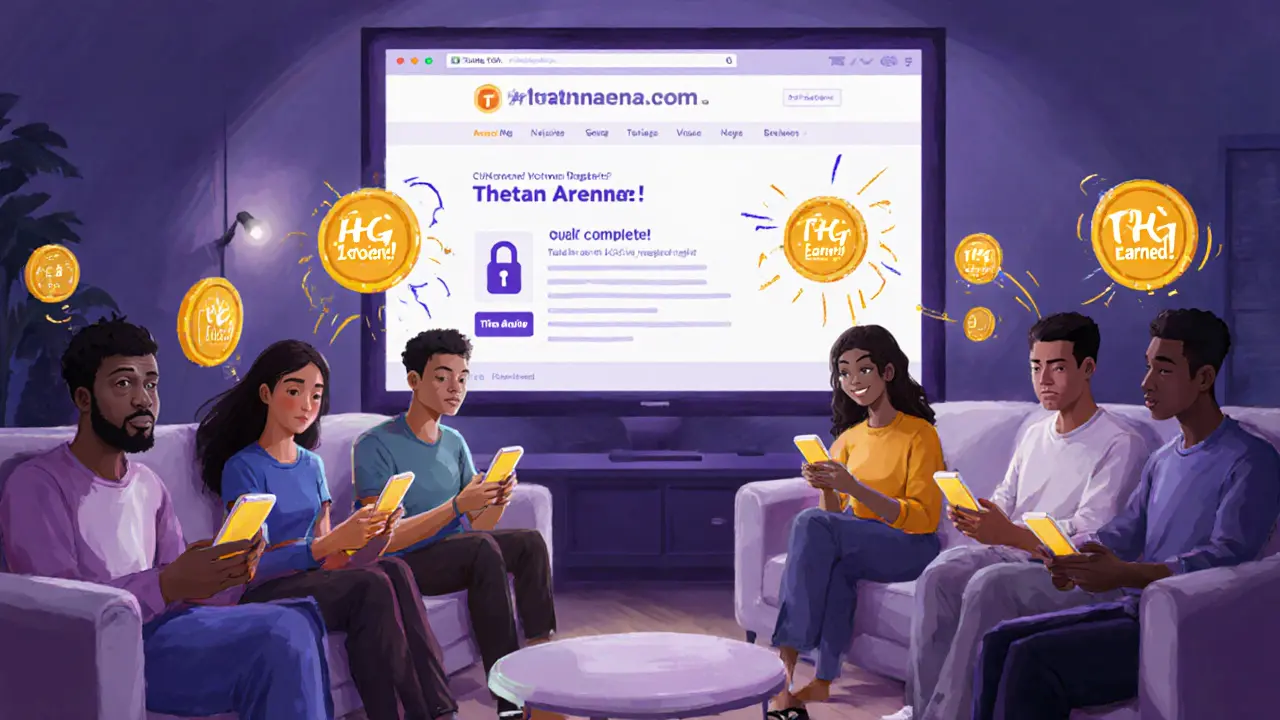 Des joueurs en train de jouer à Thetan Arena sur leurs téléphones dans un salon, des jetons THG apparaissent au-dessus de leur tête.