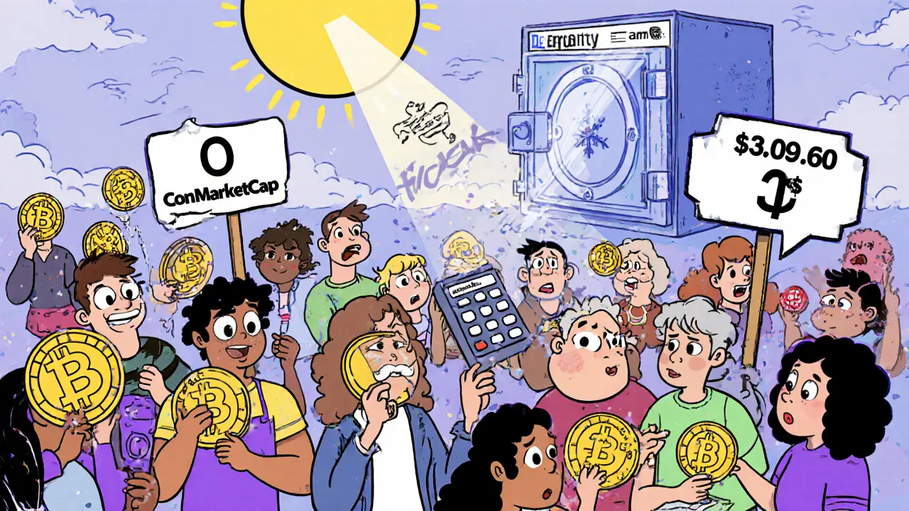 Des personnages confus regardent des prix contradictoires pour le jeton ACMD, avec un site web figé et une calculatrice cassée.