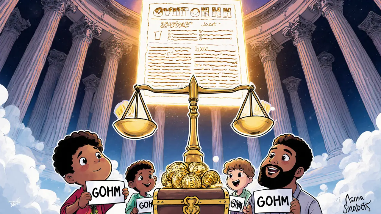 Des personnages votent avec des jetons GOHM dans une salle du conseil Olympus DAO flottante.