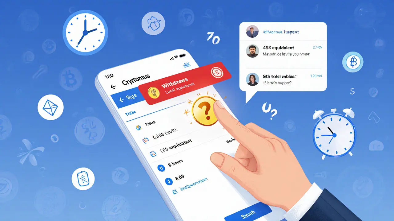 Interface mobile de Cryptomus avec des alertes de retrait limité et un chat Telegram actif posant des questions sur la légalité.