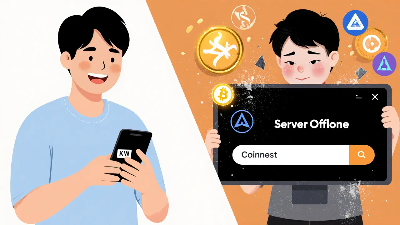 Scène divisée : utilisateur heureux en 2017 avec Coinnest, puis désemparé en 2025 face à un écran noir.