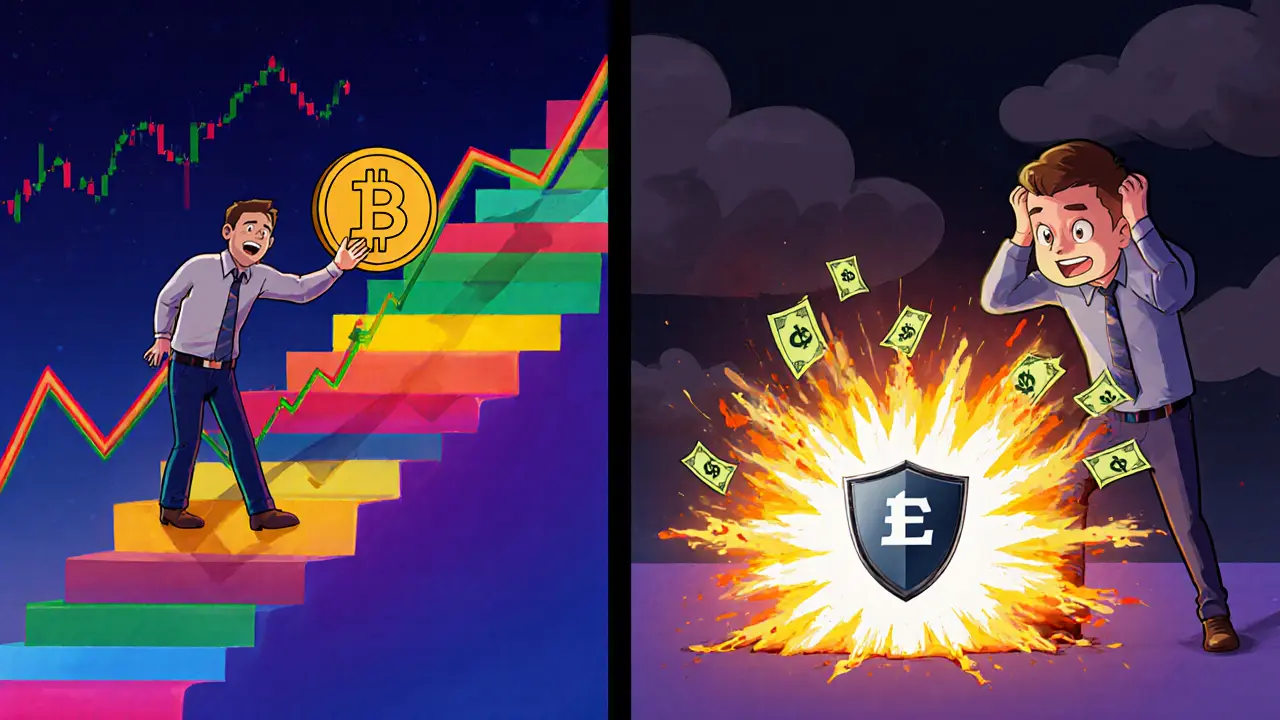 Scène en deux parties : un trader gagne avec 3X levier à gauche, et est liquidé à droite avec une marge isolée qui le protège.