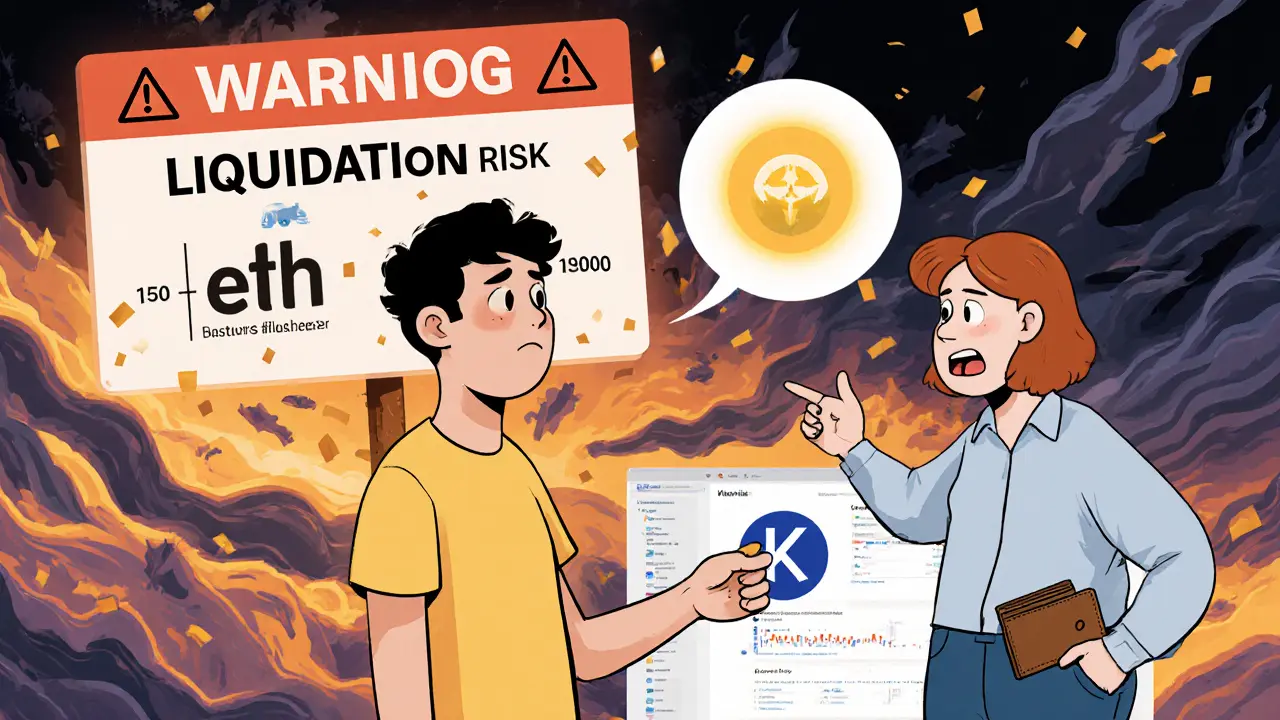 Un débutant apprend à trader sur Kwenta sous la guidance d&#039;un mentor, avec un avertissement de liquidation en arrière-plan.