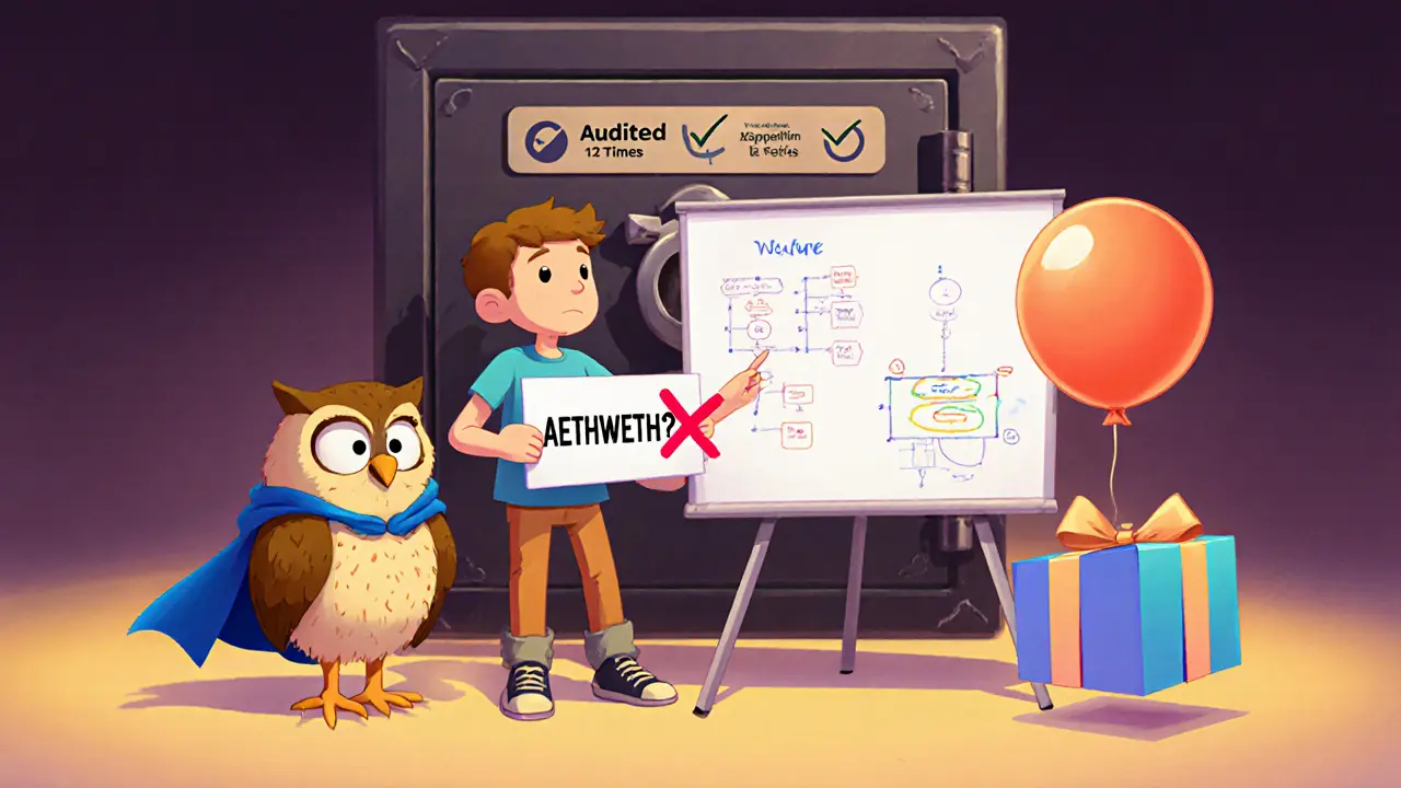 Un débutant confus tient une fausse crypto, tandis qu&#039;Aave, WETH et aWETH l&#039;expliquent calmement.