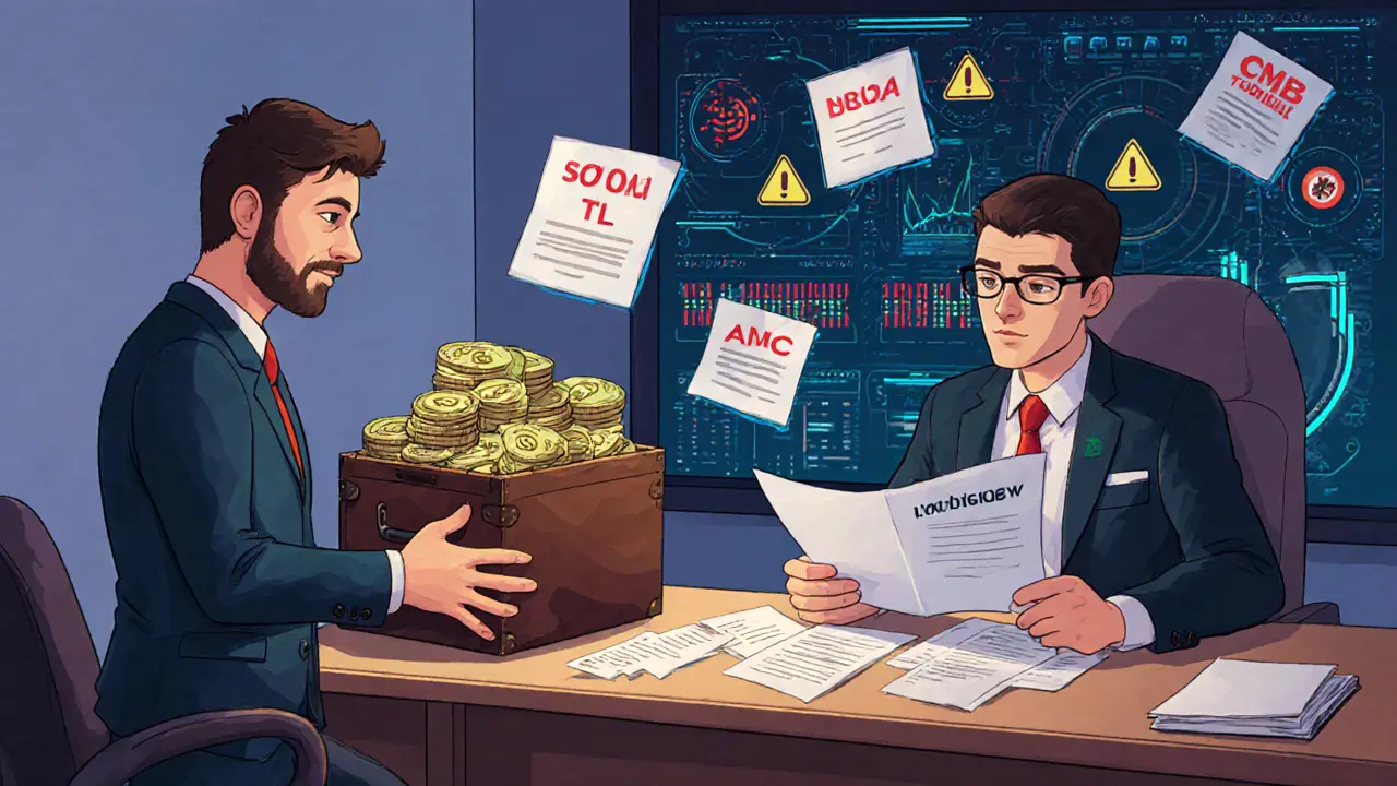 Un entrepreneur remet un briefcase de livres turques à un officiel du CMB, entouré de documents de conformité et d&#039;outils numériques.