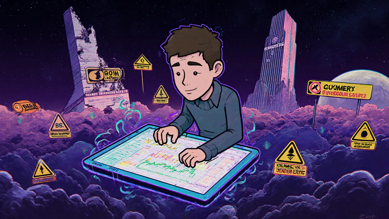 Un investisseur échange de l&#039;ETH contre du GOHM sur une interface Uniswap en plein espace, entouré d&#039;avertissements.