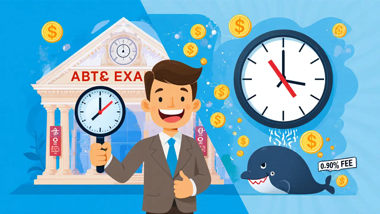 Un investisseur regarde un écran divisé : une bourse traditionnelle et une plateforme 24/7 avec des jetons ABTX, un signe dollar barré indique l&#039;absence de dividendes.