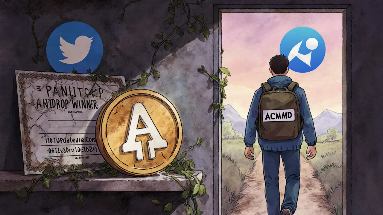 Un jeton ACMD isolé sur une étagère poussiéreuse, près d&#039;un certificat de gagnant, tandis qu&#039;un développeur s&#039;éloigne.