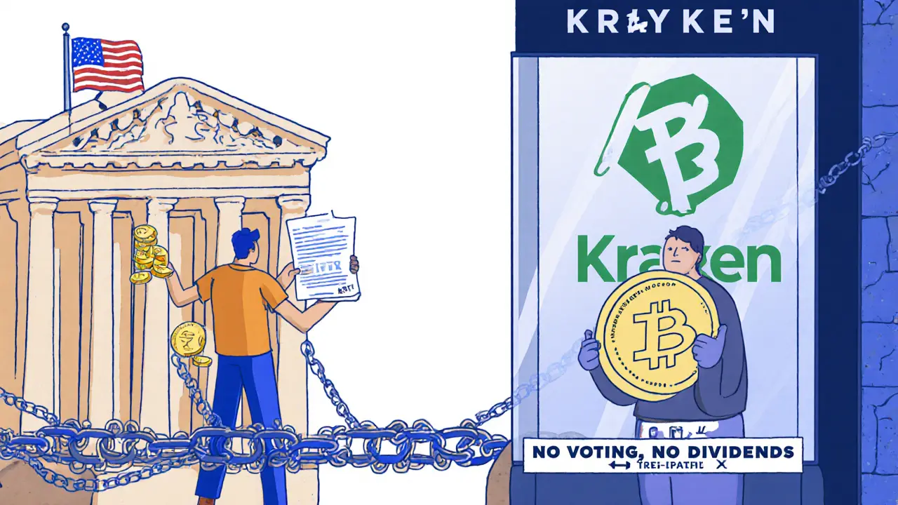 Un pont blockchain relie la Bourse de New York à Kraken ; d&#039;un côté, un actionnaire reçoit des dividendes et vote, de l&#039;autre, un détenteur d&#039;ABTX est bloqué derrière un mur.