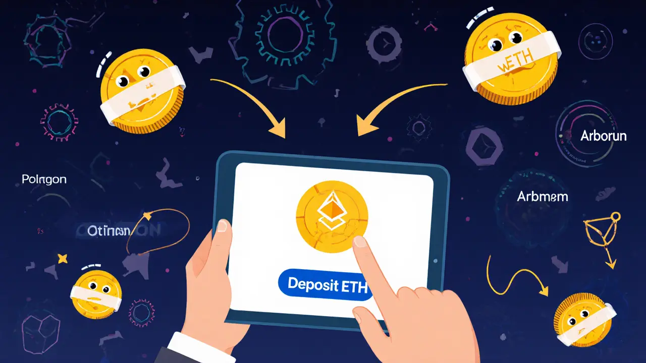 Un utilisateur dépose de l&#039;ETH qui se transforme en WETH, puis en aWETH qui grandit lentement sur une blockchain.