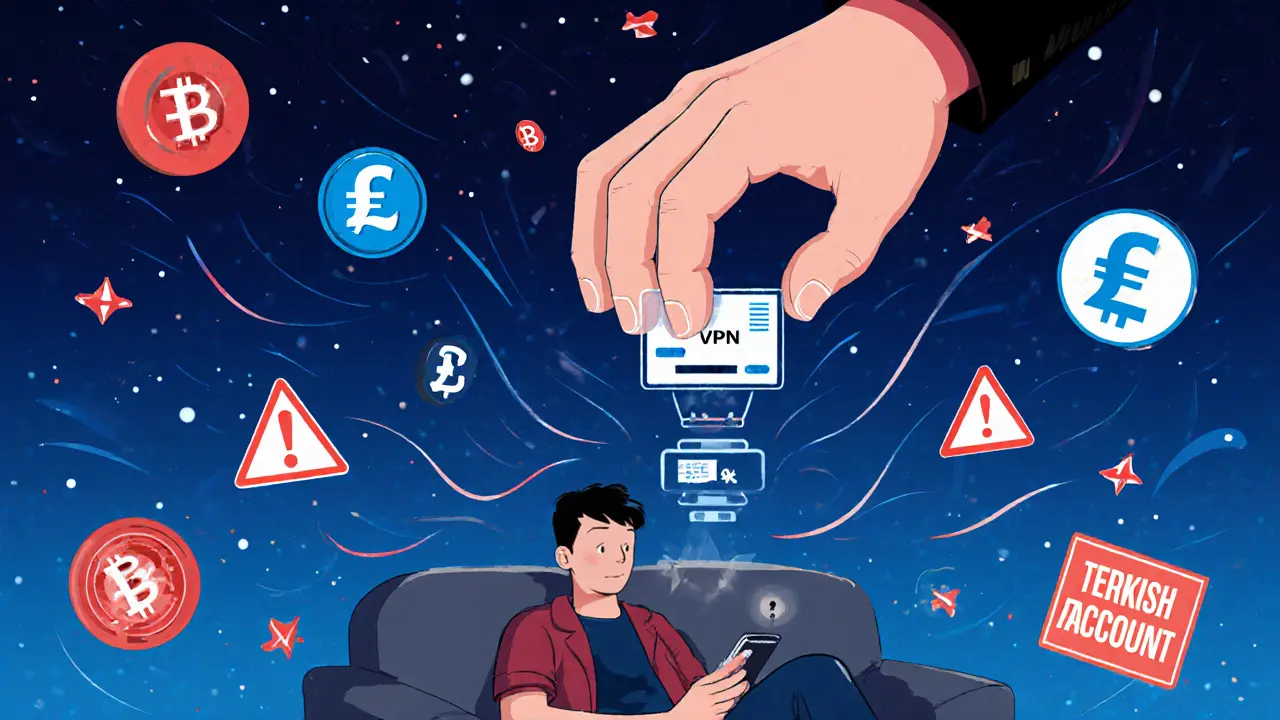 Un utilisateur utilise un VPN pour accéder à une plateforme bloquée, tandis qu&#039;une main géante MASAK menace de geler son compte.